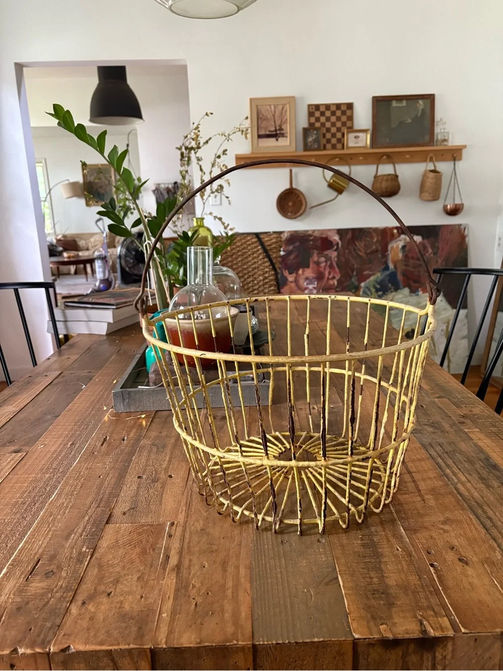 Vintage Distressed Yellow Wire Metal Egg Collection Gathering Handled Basket